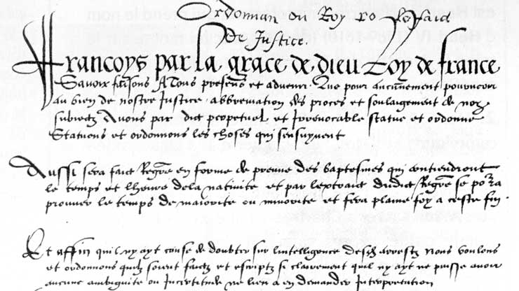 Un texte ancien, manuscrit, une ordonnance royale pur unifier la langue française.