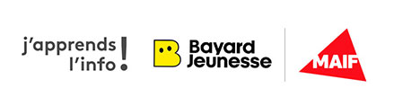logos J'apprends l'info, Bayard Jeunesse et MAIF